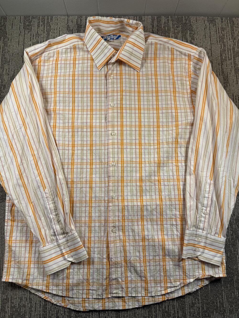 Lanzino Shirt Mens Extra Large White Orange Plaid Striped Button Down Sleeve